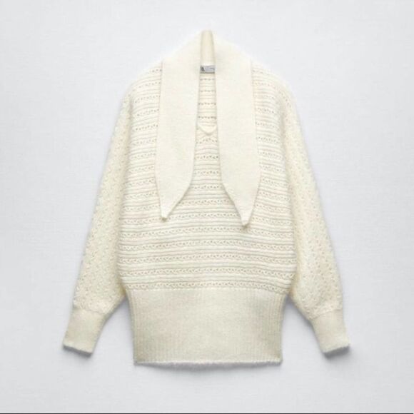 Zara NWT Bow Collar Knit Sweater White Cream Chunky Size S - Picture 14 of 15
